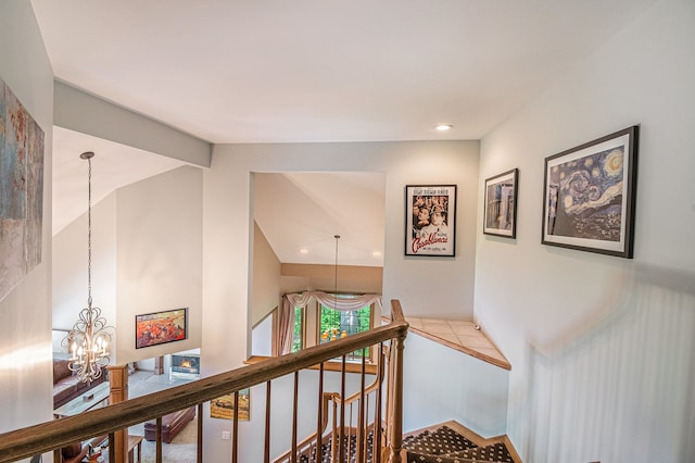 1506 Golfside Ct, Flushing, MI 48433 - hallway with a chandelier, vaulted ceiling, an upstairs landing, and recessed lighting