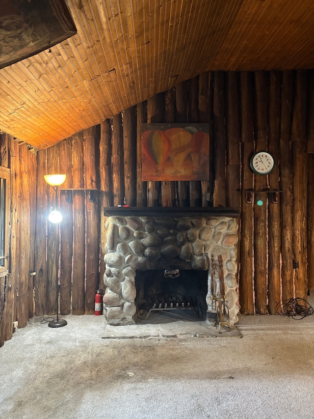 3788 Cedar Point Rd, Howell, MI 48843 - unfurnished living room with carpet floors, wooden walls, vaulted ceiling, a fireplace, and wood ceiling