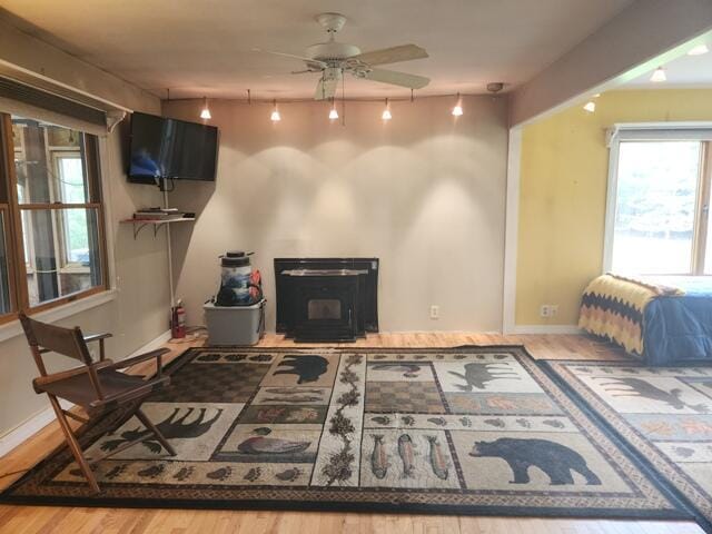 9332 W 10 Mile Rd, Irons, MI 49644 - living area featuring a wood stove, ceiling fan, baseboards, and wood finished floors