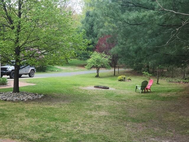 9332 W 10 Mile Rd, Irons, MI 49644 - surrounding community with a fire pit and a lawn