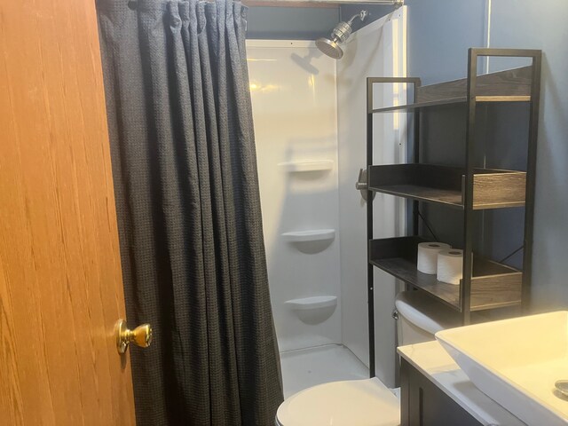515 E Pond Vw, Morrice, MI 48857 - bathroom featuring toilet, a shower with curtain, and vanity