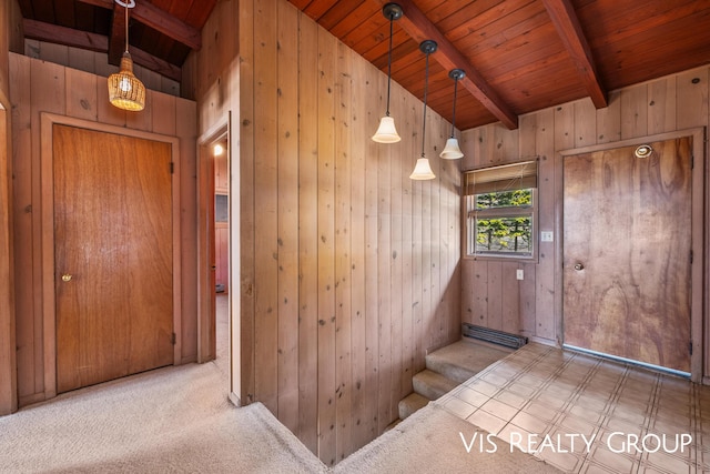 17933 N Shore Estates Rd, Spring Lake, MI 49456 - foyer entrance with wood ceiling, wooden walls, and stairs