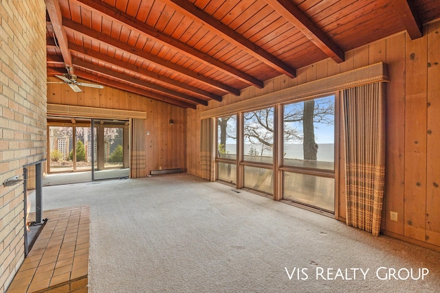 17933 N Shore Estates Rd, Spring Lake, MI 49456 - unfurnished living room featuring wooden walls, baseboard heating, carpet, wooden ceiling, and ceiling fan