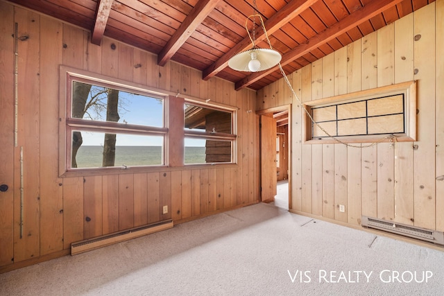 17933 N Shore Estates Rd, Spring Lake, MI 49456 - empty room featuring baseboard heating, wooden ceiling with exposed beams, wood walls, a water view, and carpet flooring