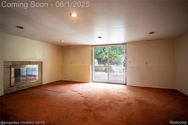 30571 Cedars Dr, Warren, MI 48093 - unfurnished living room with carpet flooring, a brick fireplace, and recessed lighting