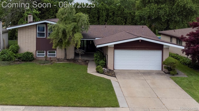 30571 Cedars Dr, Warren, MI 48093 - view of front facade with brick siding, a front yard, concrete driveway, and a chimney