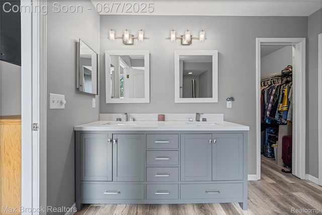9863 Marshall Rd, South Lyon, MI 48178 - full bathroom with double vanity, wood finished floors, a walk in closet, and baseboards