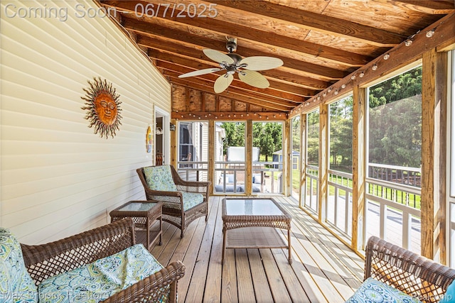 9863 Marshall Rd, South Lyon, MI 48178 - sunroom featuring a ceiling fan, an outdoor living space, and vaulted ceiling