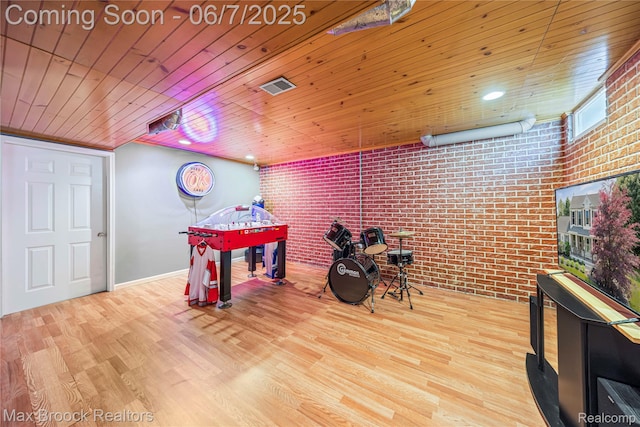 9863 Marshall Rd, South Lyon, MI 48178 - rec room featuring brick wall, wood finished floors, wooden ceiling, and baseboards