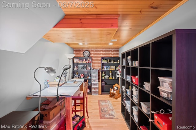 9863 Marshall Rd, South Lyon, MI 48178 - office area with wood ceiling, wood finished floors, and brick wall