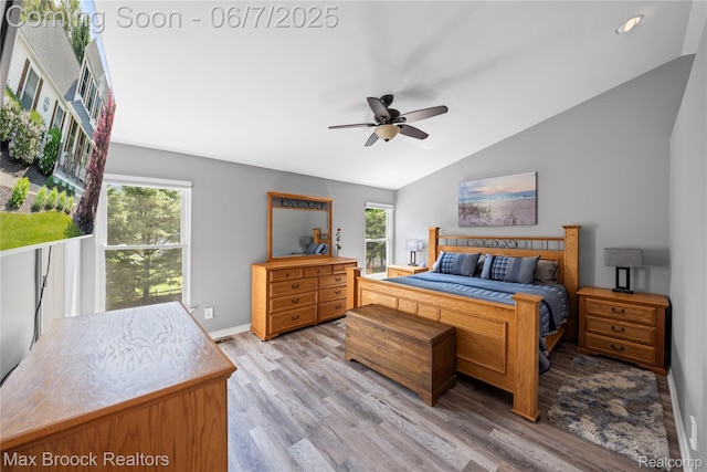 9863 Marshall Rd, South Lyon, MI 48178 - bedroom with wood finished floors, lofted ceiling, multiple windows, baseboards, and ceiling fan