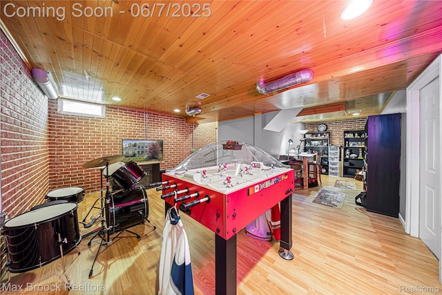 9863 Marshall Rd, South Lyon, MI 48178 - rec room featuring brick wall, wood finished floors, and wooden ceiling