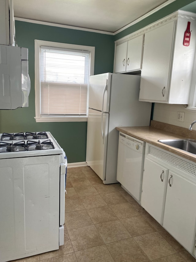 13020 Castle St, Southgate, MI 48195 - kitchen with white appliances, white cabinetry, baseboards, a sink, and ornamental molding