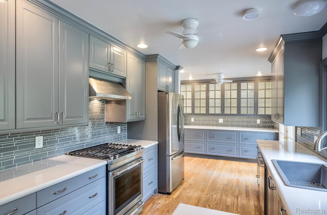 2264 W Maple Rd, Bloomfield Hills, MI 48301 - kitchen featuring stainless steel appliances, ceiling fan, a sink, under cabinet range hood, and backsplash