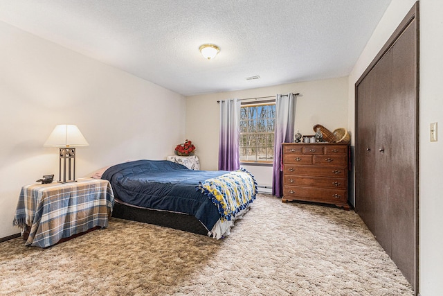 7719 Guenthardt Rd, Manistee, MI 49660 - bedroom featuring carpet, a baseboard heating unit, a textured ceiling, and a closet