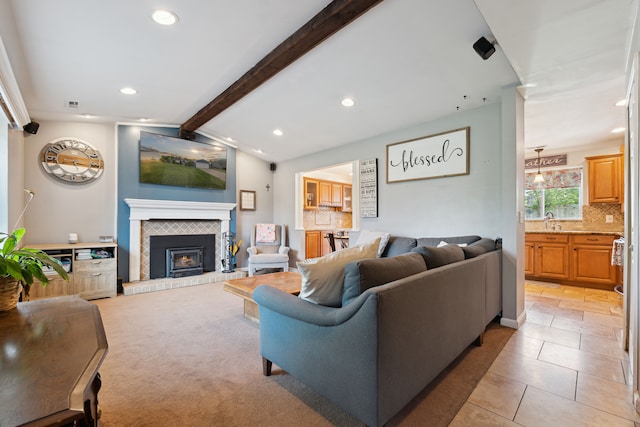 1255 Meadowood Dr, Waterford, MI 48327 - living room featuring recessed lighting, a tile fireplace, and light tile patterned floors