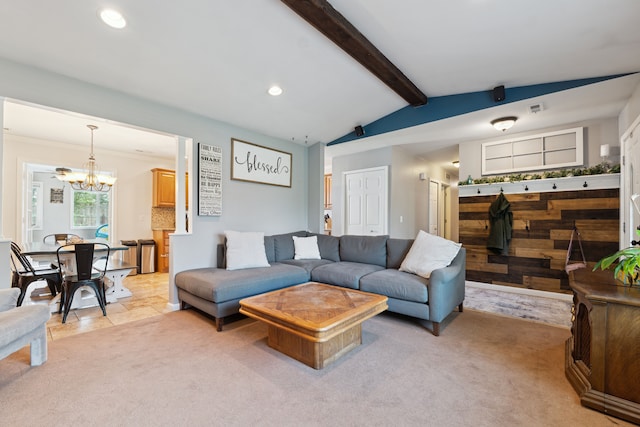 1255 Meadowood Dr, Waterford, MI 48327 - living room featuring a chandelier, recessed lighting, and light colored carpet