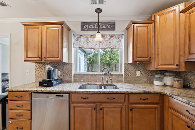 1255 Meadowood Dr, Waterford, MI 48327 - kitchen featuring stainless steel dishwasher, a sink, decorative backsplash, light stone counters, and ornamental molding