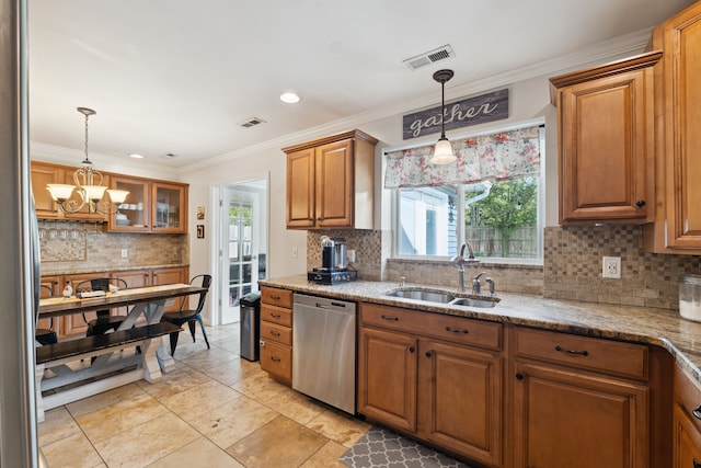 1255 Meadowood Dr, Waterford, MI 48327 - kitchen with dishwasher, a sink, backsplash, a chandelier, and brown cabinetry