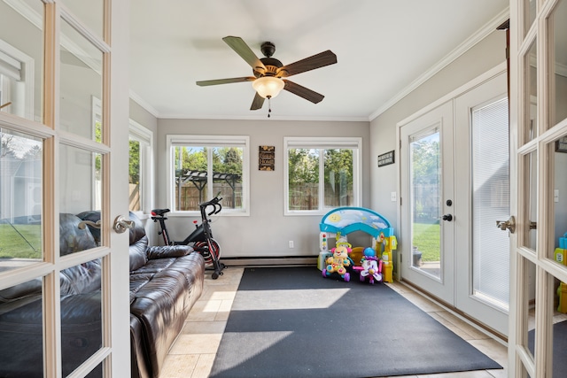 1255 Meadowood Dr, Waterford, MI 48327 - exercise room with ornamental molding, a ceiling fan, a baseboard radiator, and french doors