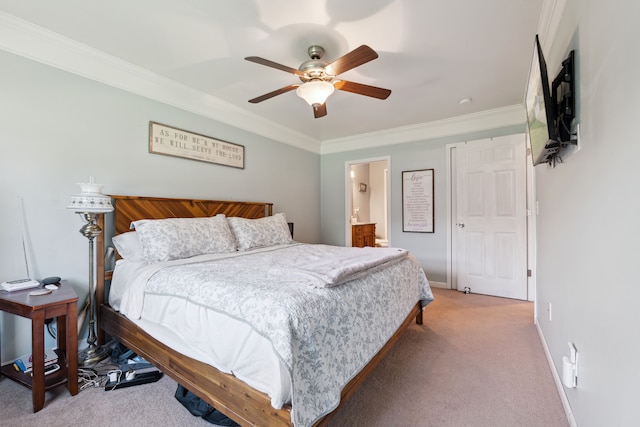1255 Meadowood Dr, Waterford, MI 48327 - bedroom featuring carpet, crown molding, a ceiling fan, connected bathroom, and baseboards