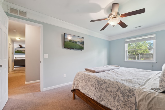1255 Meadowood Dr, Waterford, MI 48327 - bedroom featuring light colored carpet, ornamental molding, baseboards, and a ceiling fan