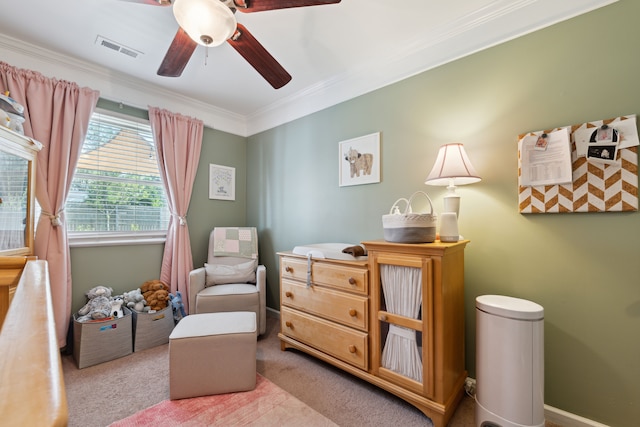 1255 Meadowood Dr, Waterford, MI 48327 - bedroom with ornamental molding, carpet, and ceiling fan