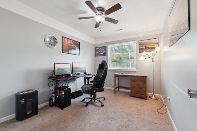 1255 Meadowood Dr, Waterford, MI 48327 - carpeted office space featuring crown molding, ceiling fan, and baseboards