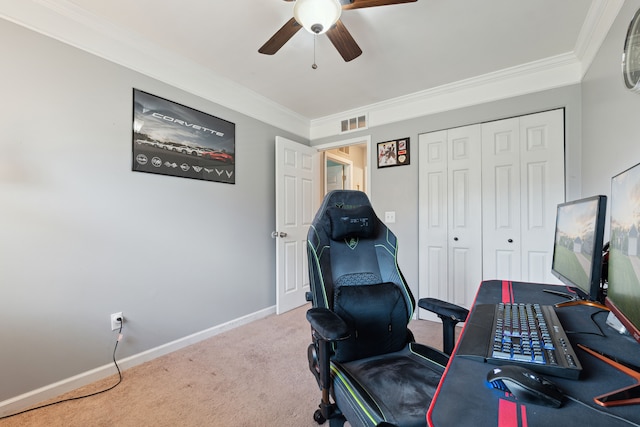 1255 Meadowood Dr, Waterford, MI 48327 - home office with ceiling fan, crown molding, carpet floors, and baseboards
