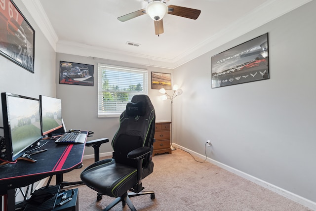 1255 Meadowood Dr, Waterford, MI 48327 - home office featuring ornamental molding, ceiling fan, carpet floors, and baseboards
