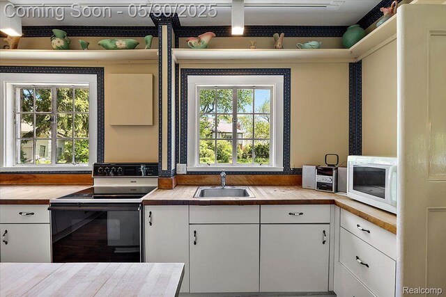 16109 E Jefferson Ave, Grosse Pointe Park, MI 48230 - kitchen with electric range, white microwave, wood counters, a sink, and white cabinetry