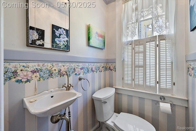 16109 E Jefferson Ave, Grosse Pointe Park, MI 48230 - bathroom featuring toilet, wallpapered walls, a wainscoted wall, and a sink