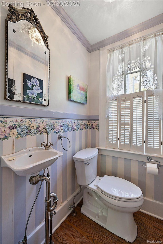 16109 E Jefferson Ave, Grosse Pointe Park, MI 48230 - half bathroom with toilet, wood finished floors, a wainscoted wall, and crown molding