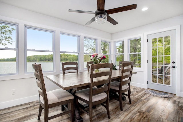 dining area featuring baseboards, healthy amount of natural light, light wood-style flooring, and recessed lighting