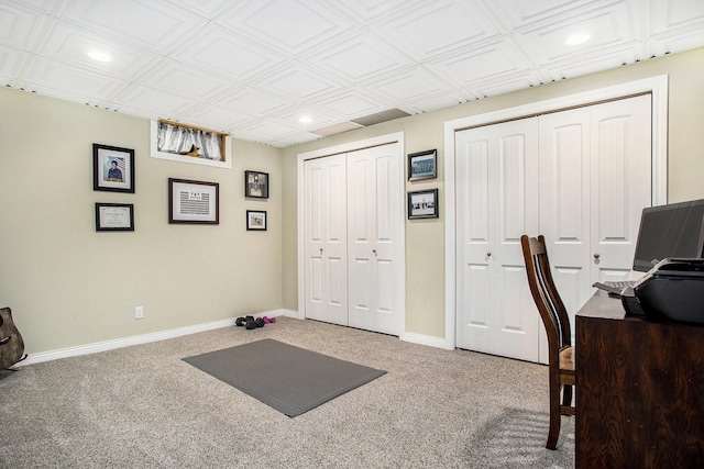 carpeted home office with recessed lighting, baseboards, and an ornate ceiling