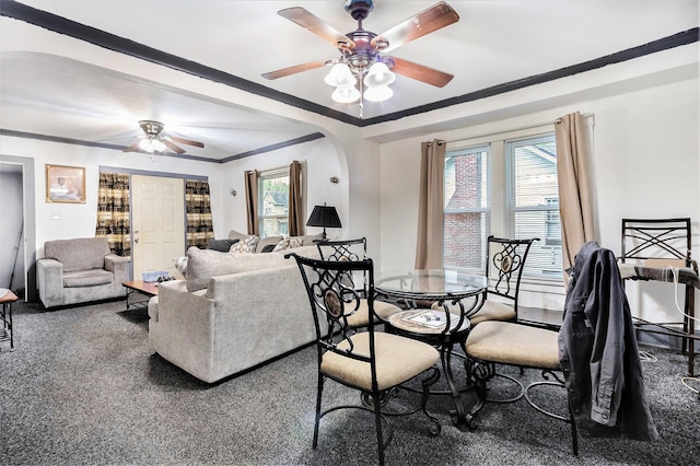 791 La Salle St, Benton Harbor, MI 49022 - carpeted dining area with a ceiling fan, crown molding, healthy amount of natural light, and arched walkways