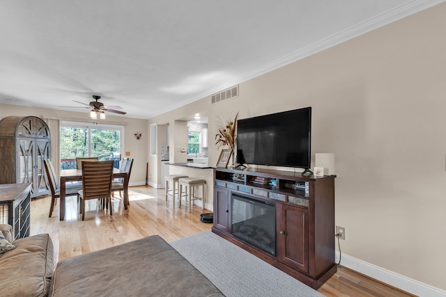 6550 Avon Dr, Brighton, MI 48116 - living room featuring baseboards, ceiling fan, light wood-type flooring, and crown molding