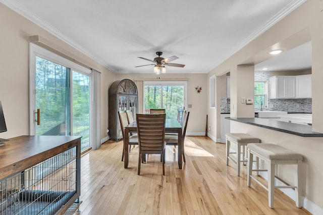 6550 Avon Dr, Brighton, MI 48116 - dining area with light wood finished floors, baseboards, a ceiling fan, and crown molding
