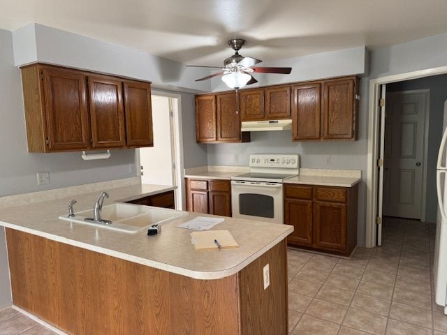 20433 Birch Meadow Dr, Clinton Township, MI 48036 - kitchen featuring electric range, under cabinet range hood, light countertops, and ceiling fan
