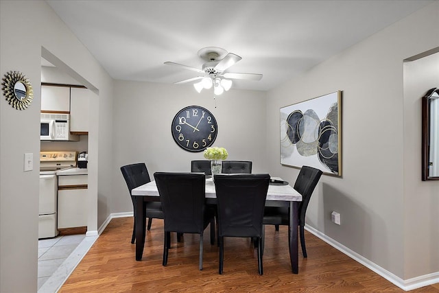 14829 Mayview, Shelby Twp, MI 48315 - dining space with a ceiling fan, light wood-style flooring, and baseboards
