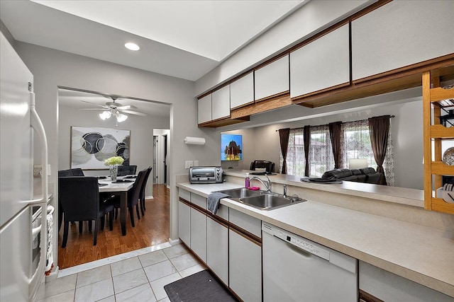 14829 Mayview, Shelby Twp, MI 48315 - kitchen with white appliances, a sink, light countertops, white cabinetry, and ceiling fan
