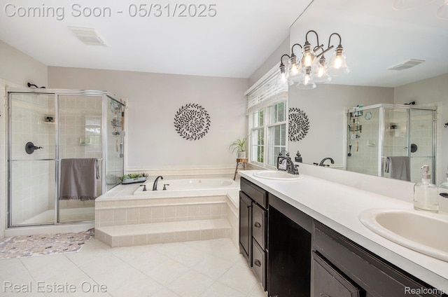 3088 Exeter Dr, Milford, MI 48380 - full bathroom featuring a garden tub, tile patterned floors, double vanity, and a shower stall