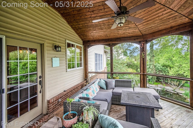 3088 Exeter Dr, Milford, MI 48380 - sunroom / solarium with outdoor lounge area, lofted ceiling, and a ceiling fan