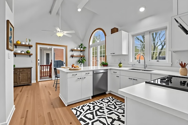 37695 Burton Dr, Farmington Hills, MI 48331 - kitchen with stainless steel dishwasher, a sink, open shelves, a peninsula, and white cabinets