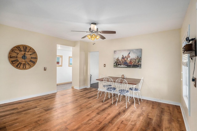 7917 E Harrison Rd, Breckenridge, MI 48615 - dining area with wood finished floors, a ceiling fan, and baseboards