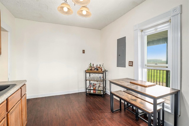 7917 E Harrison Rd, Breckenridge, MI 48615 - dining space featuring electric panel, dark wood-type flooring, a chandelier, and baseboards