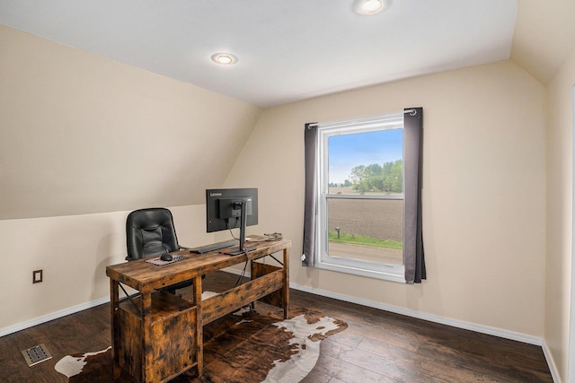 7917 E Harrison Rd, Breckenridge, MI 48615 - home office featuring lofted ceiling, dark wood-type flooring, baseboards, and recessed lighting
