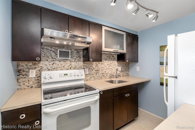 1300 E Lafayette St Unit 2502, Detroit, MI 48207 - kitchen featuring white appliances, under cabinet range hood, a sink, and dark brown cabinetry