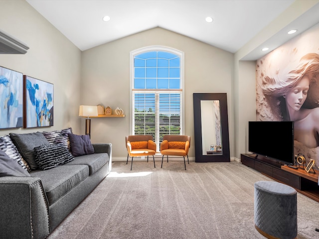 62887 Tournament Dr, Washington, MI 48094 - carpeted living area featuring lofted ceiling, baseboards, and recessed lighting