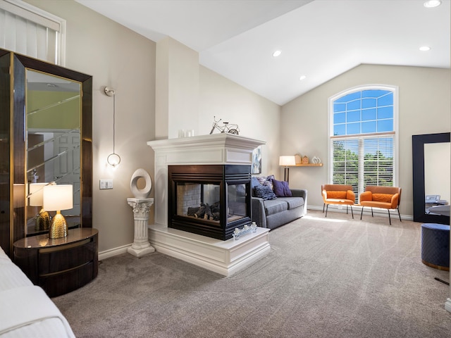 62887 Tournament Dr, Washington, MI 48094 - living room with carpet floors, vaulted ceiling, baseboards, a multi sided fireplace, and recessed lighting
